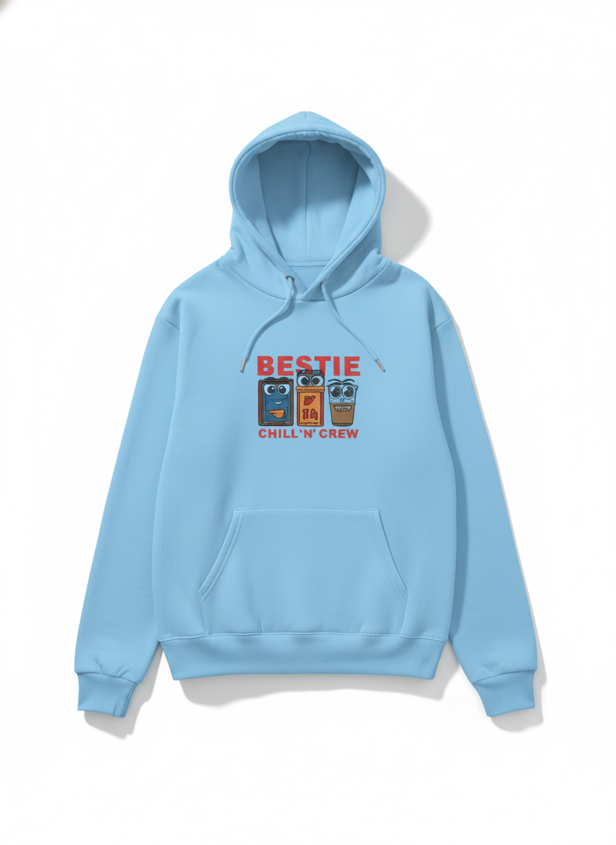 Bestie Chill 'N' Crew Light Blue Hoodie – Fun Graphic Sweatshirt for Friends