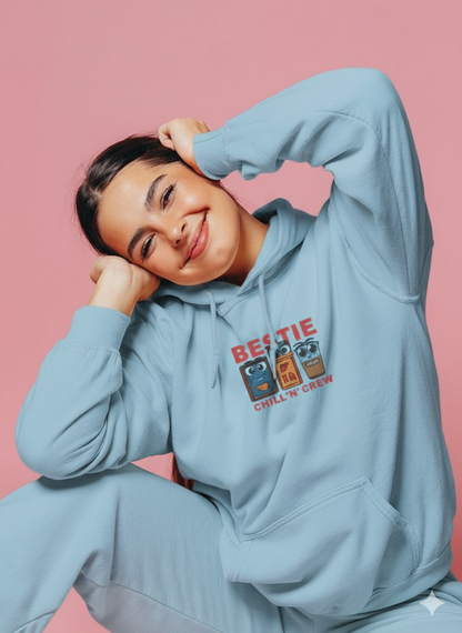 Bestie Chill 'N' Crew Light Blue Hoodie – Fun Graphic Sweatshirt for Friends