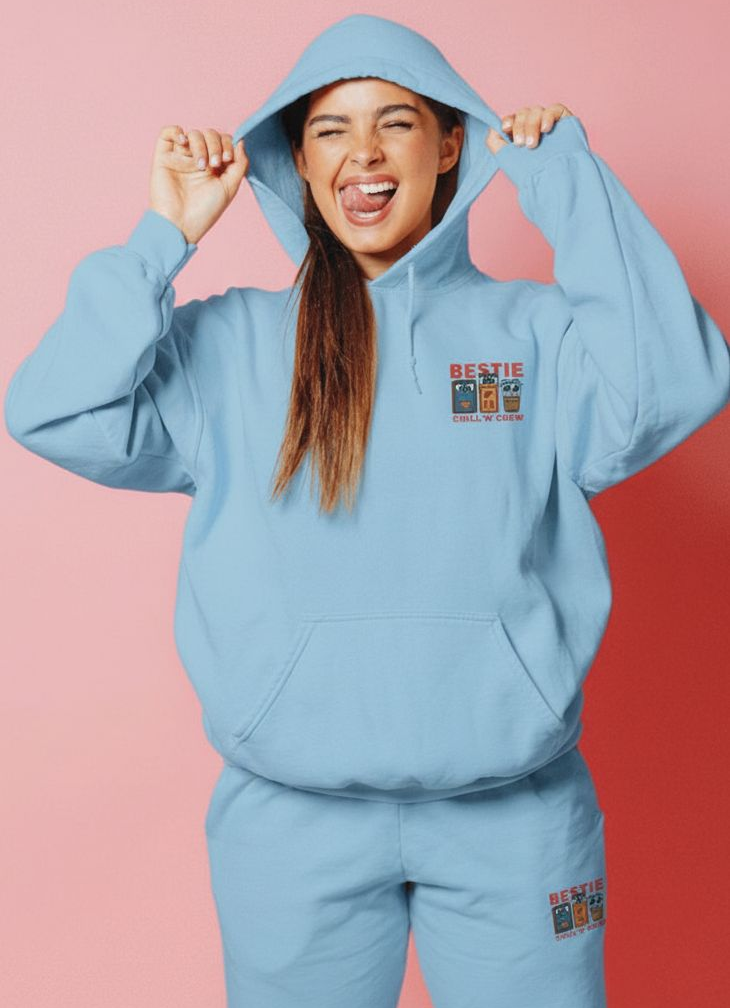 Bestie Chill 'N' Crew Light Blue Hoodie – Fun Graphic Sweatshirt for Friends