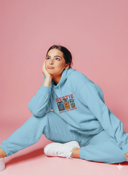 Bestie Chill 'N' Crew Light Blue Hoodie – Fun Graphic Sweatshirt for Friends
